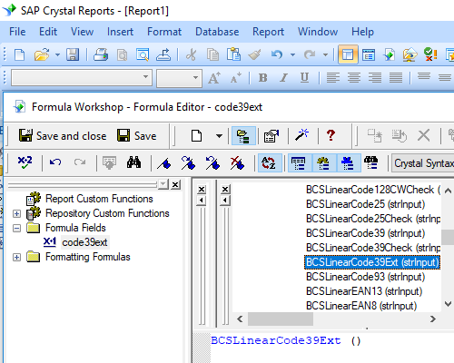 Code39 extended barcode crystal reports UFL