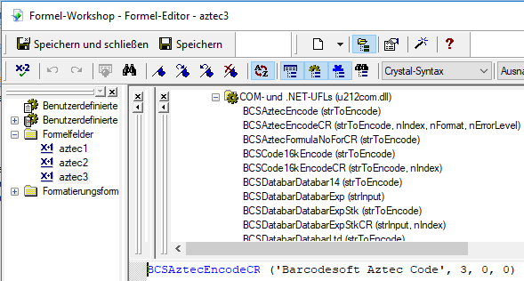 Aztec Code crystal reports Formelfelders