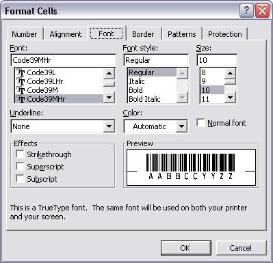 Code39 barcode typeface excel