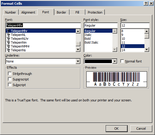 Telepen barcode schriftart excel