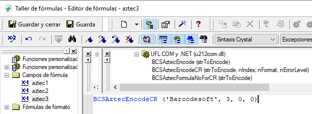 Aztec Code crystal reports fórmula campos