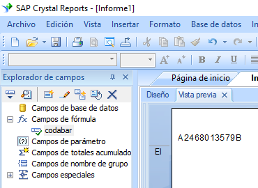 Codabar código de barras crystal reports fórmula campo