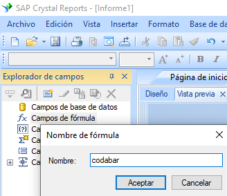 Codabar código de barras crear fórmula crystal reports