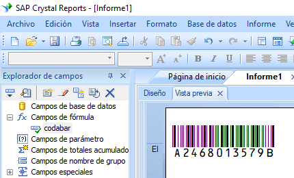 Codabar código de barras crystal reports