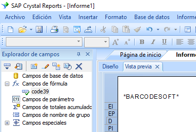 Code39 código de barras crystal reports fórmula campo