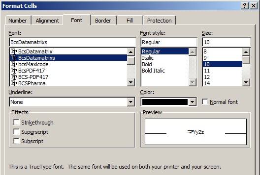 data-matrix fuente excel