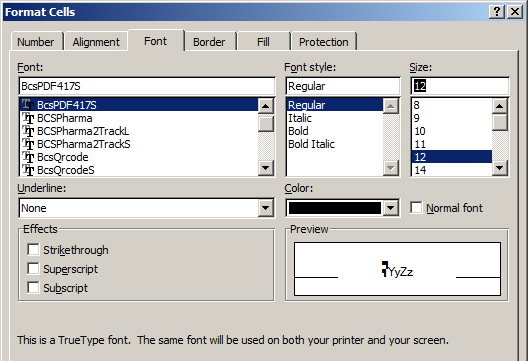 PDF417 fuente excel