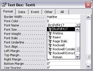 PDF417 fuente MS Access