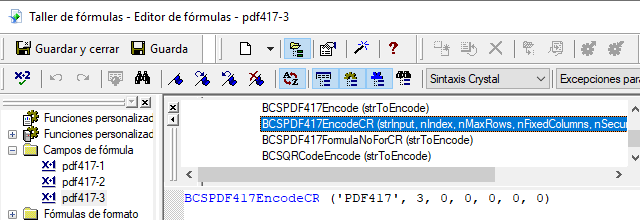 PDF417 crystal reports fórmula campos