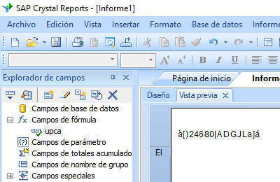 UPCA código de barras crystal reports fórmula campo