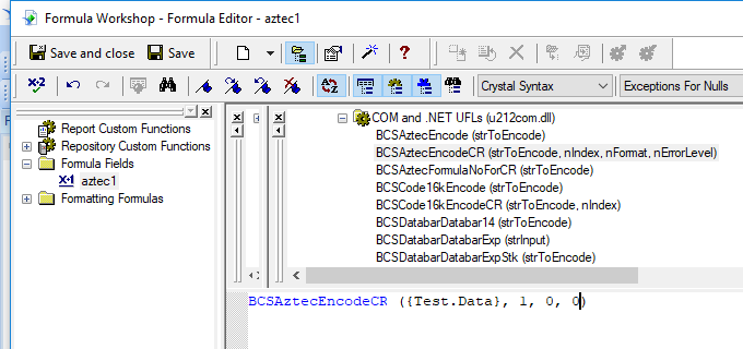 Aztec Code crystal reports UFL