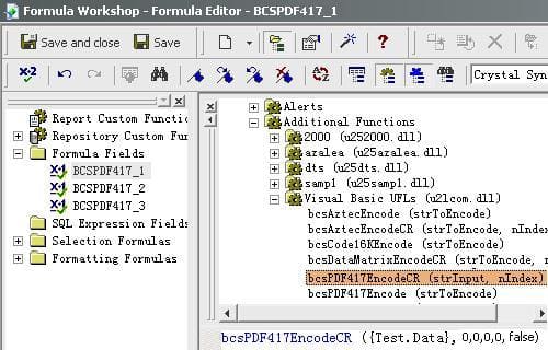 PDF417 crystal reports champs formule