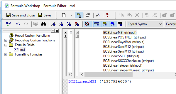 MSI barcode crystal reports UFL