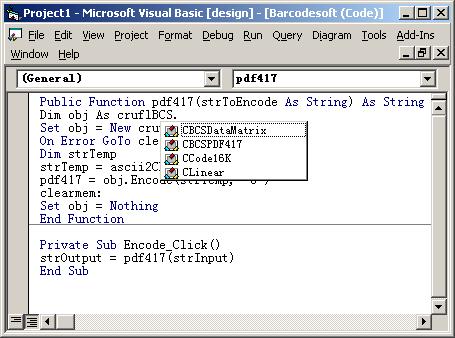 PDF417 barcode Visual Basic type information